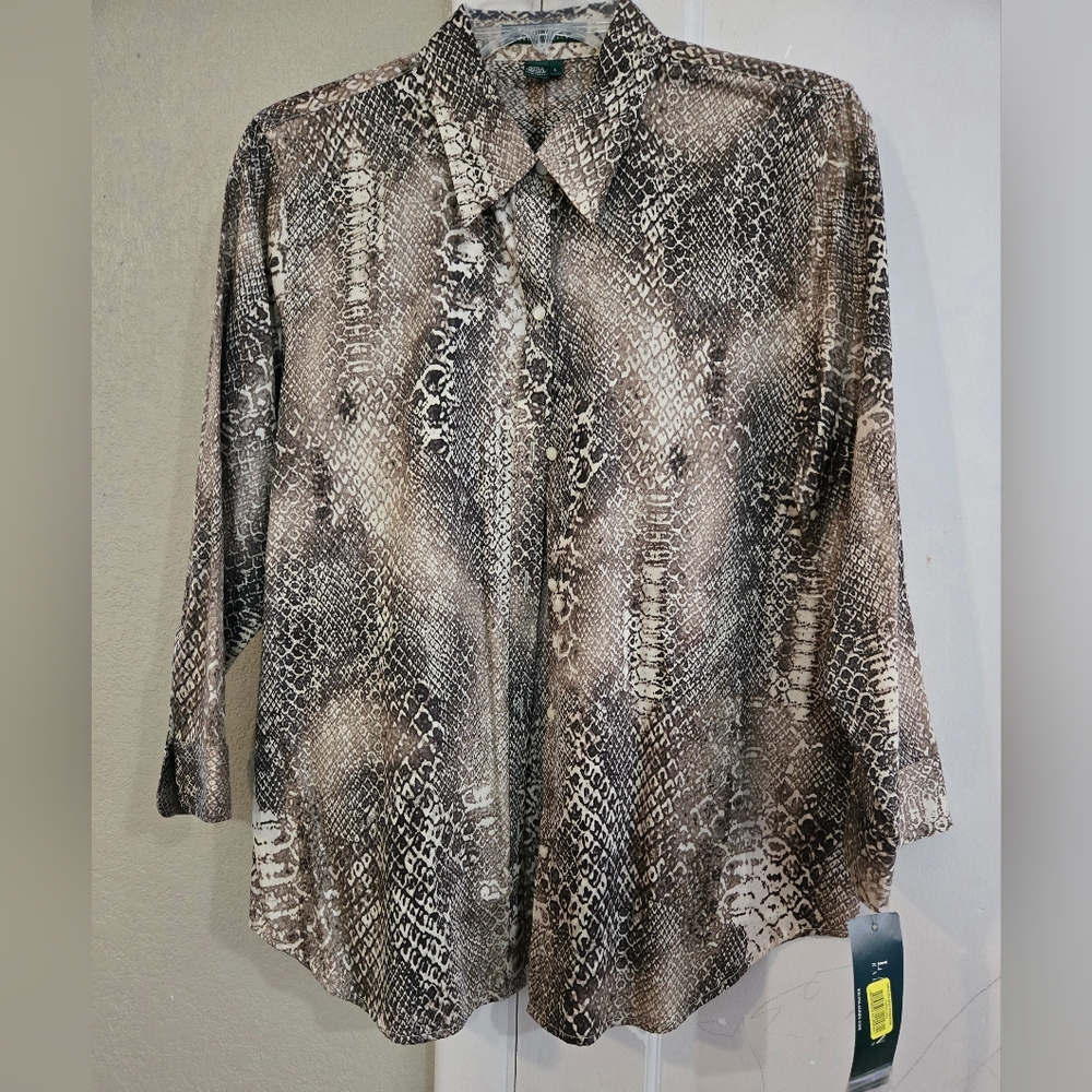 NWT Lauren by Ralph Lauren Womens Blouse Animal Print Browns Tans Button Up Sz L